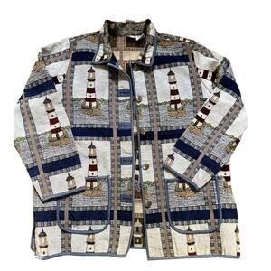 Vintage Lighthouse Textured Overcoat 2X Heritage Woods Fisherman Whimsy Grandpa